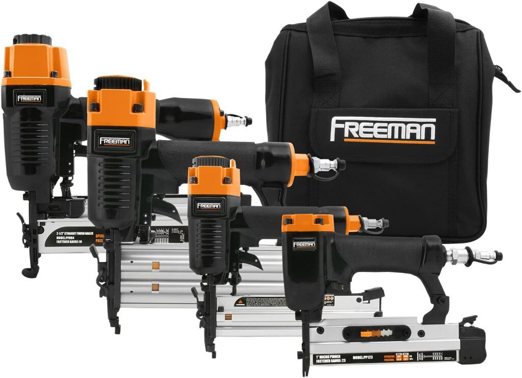 Freeman P4FNCB Pneumatic Finishing Nailer and Stapler Kit with Bag and Fasteners (4-Piece), Black with Orange