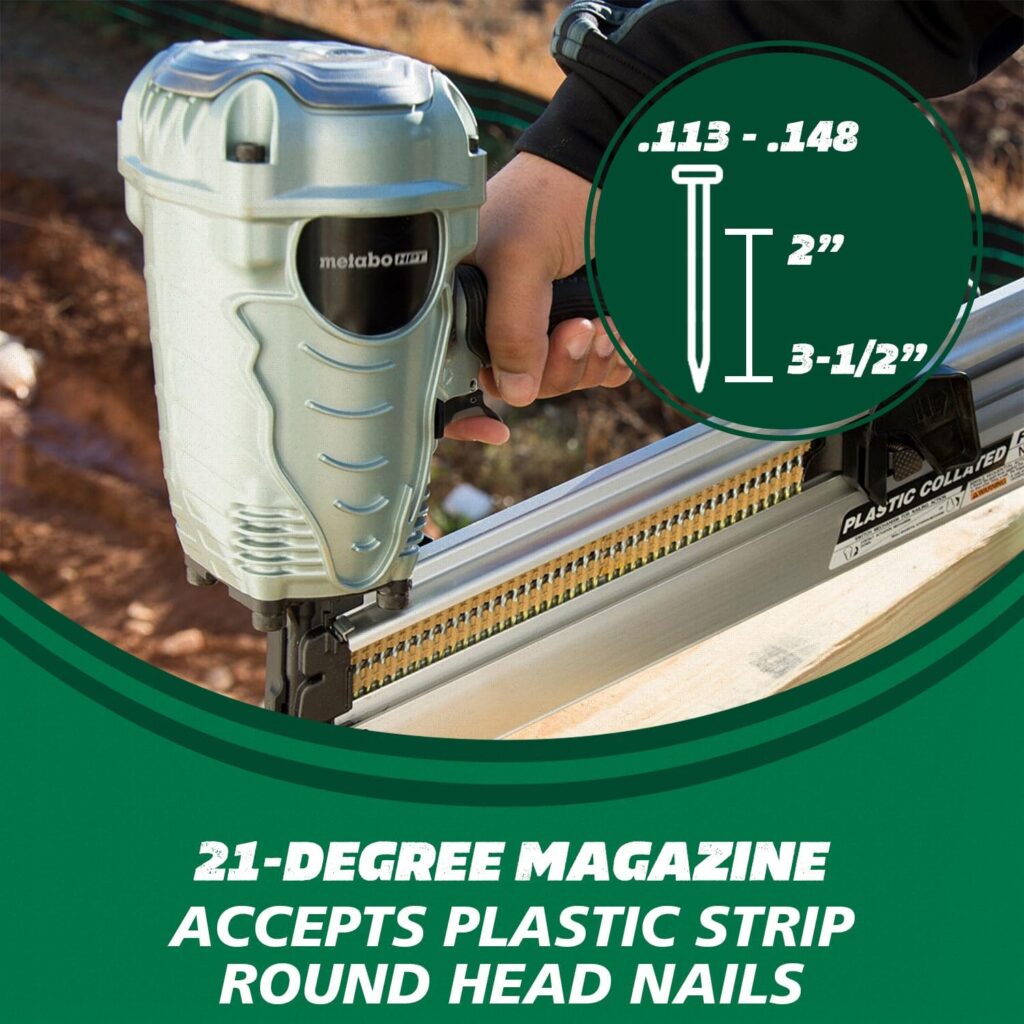 Metabo HPT Framing Nailer, Pro Preferred Brand of Pneumatic Nailers, 21 Degree Magazine, Accepts 2-Inch to 3-1/2-Inch Plastic Collated Nails, Ideal for Framing, Flooring,  Roof Decking, NR90AES1