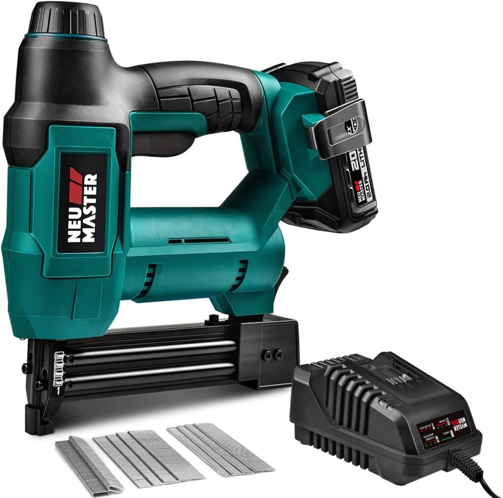 NEU MASTER Cordless Nail Gun Battery Powered, Battery Brad Nailer/Staple Gun NTC0023 20V Max. Battery and Charger Included for Upholstery, Woodworking and Carpentry