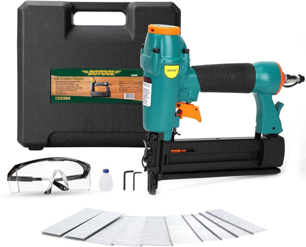 Pneumatic Brad Nailer, 18 Gauge 2-in-1 Nail, 5/8 to 2 Brad Nails and 5/8 to 1-5/8 Crown Staples, Safety Glasses and and 1000pcs Nails,for Carpentry, DIY,Woodworking