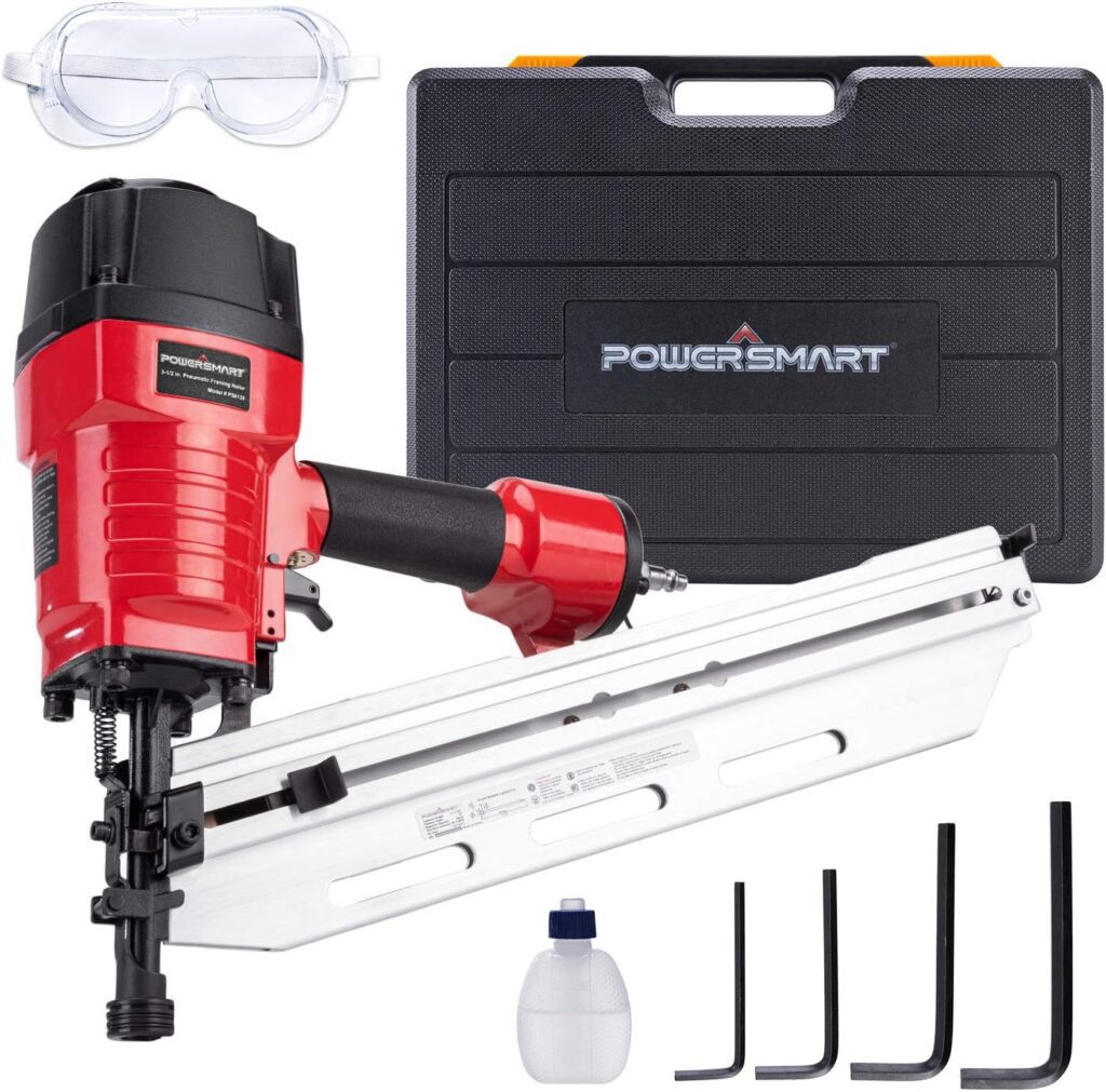 POWERSMART Framing Nailer, 2 to 3-1/2 Full Round Head Nail Gun, 21° Framing Nailer, 60 Nails Capacity Magazine Framing Nail Gun, Safety Goggles, Storage Case Included, PS6120